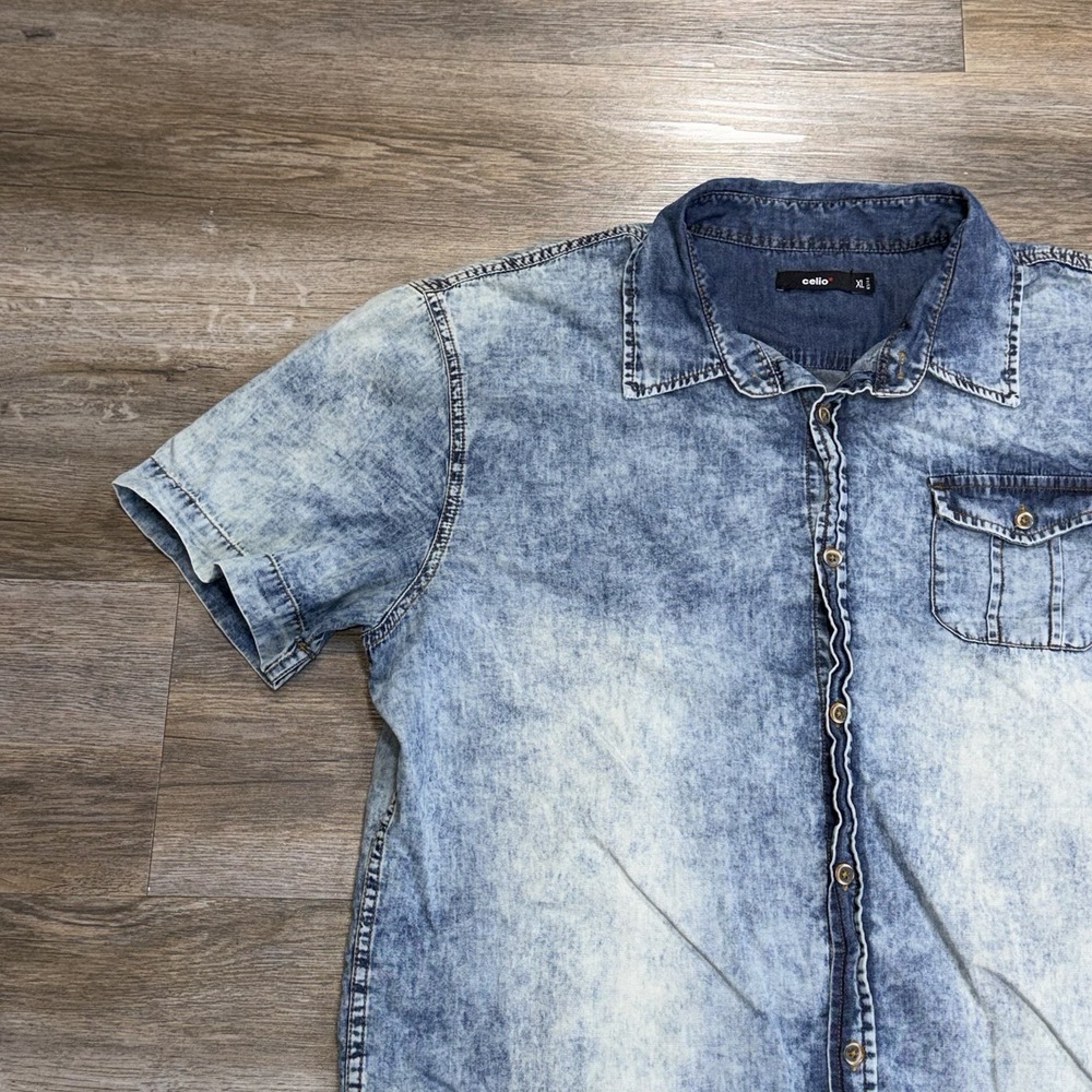 Celio Short-Sleeve Acid-Wash Denim Button-Down Shirt Mens XL Single Chest Pocket - Picture 3 of 11